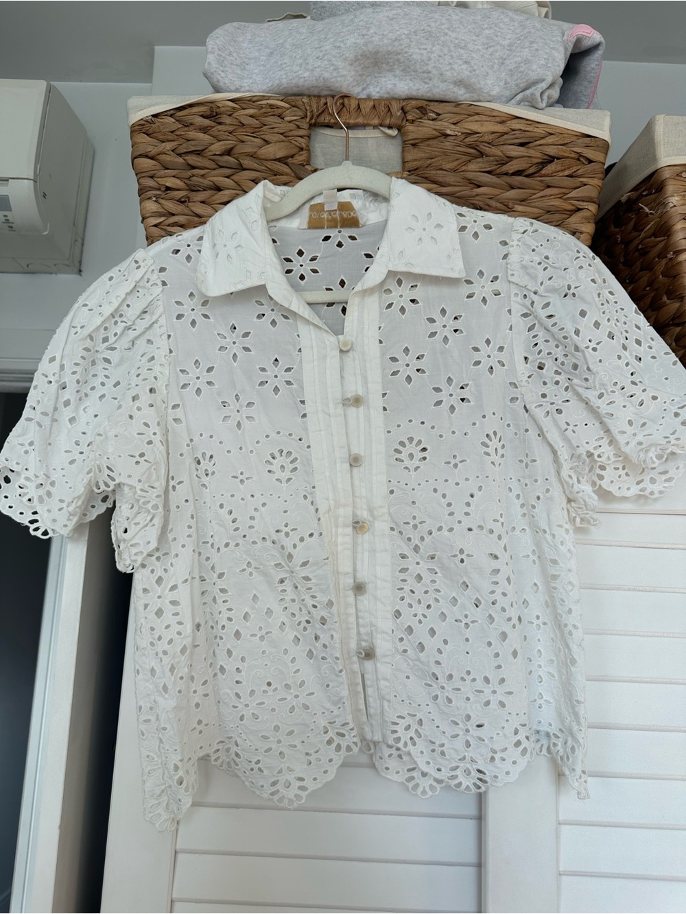 White Eyelet Button-Front Puff Sleeve Shirt - Classic Cotton
